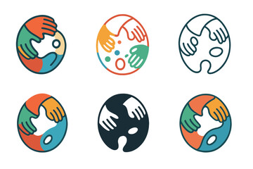 Diverse Art Hand Palette. Cultural diversity in art. Set Logo of Cultural diversity in art: interlaced hands forming palette. Icon set. harmonious logo
