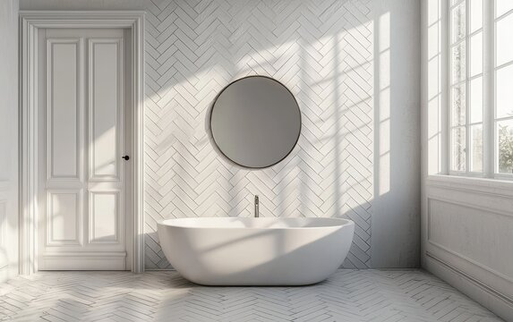 Modern minimalist bathroom design with a white bathtub and herringbone tile wall, featuring natural light from large windows overlooking greenery