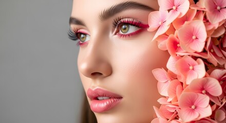 Beautiful young woman with vibrant pink eye makeup and lush lashes, framed by delicate pink hydrangea flowers, showcasing flawless skin and a soft smile