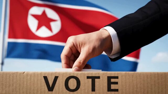 Man casts ballot into vote box with North Korean flag waving proudly behind, symbolizing civic participation and national choice