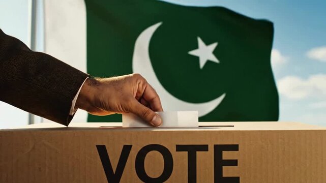 Citizen casting a vote in a cardboard ballot box with Pakistan flag waving proudly in the background on election day