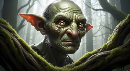 A creepy green goblin with glowing yellow eyes peers out from behind mosscovered branches in a dark, misty forest