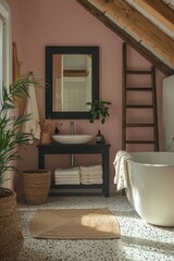 Fototapeta premium Elegant bathroom interior with terrazzo tiles, pink accent wall and modern decor creating a calming and stylish retreat