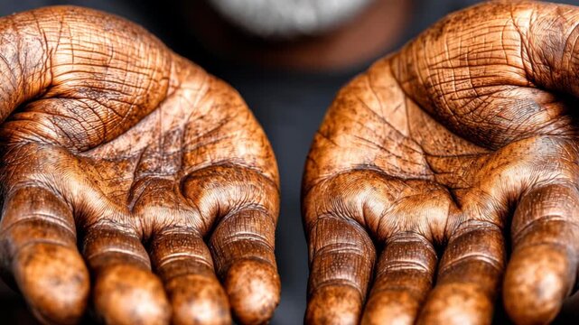 A man with dirty hands is holding his hands out. Concept of humility and generosity