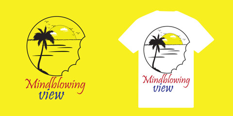 “Mindblowing View – Tropical Summer Typography Design with Coconut Tree, Sun, and Flying Birds for Beach Vibe T-Shirts and Vacation-Themed Graphic Prints”