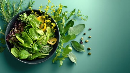 Obraz premium Fresh and Vibrant Salad Bowl Filled With Assorted Leafy Greens and Herbs on a Minimalistic Background