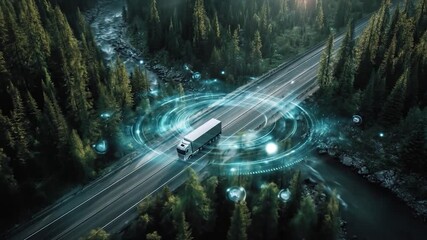 Futuristic truck on highway in forest with glowing digital network elements - Powered by Adobe