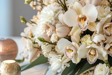 A chic floral arrangement showcasing metallic bronze accents paired with soft white blossoms,
