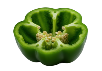 Emerald green bell pepper, half sliced, revealing dewy flesh, pith, seeds; extreme close-up macro studio shot with cinematic light on transparent, concept of natural detail