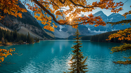 Turquoise alpine lake reflecting snow-capped mountain peaks and autumn foliage under golden hour sunlight