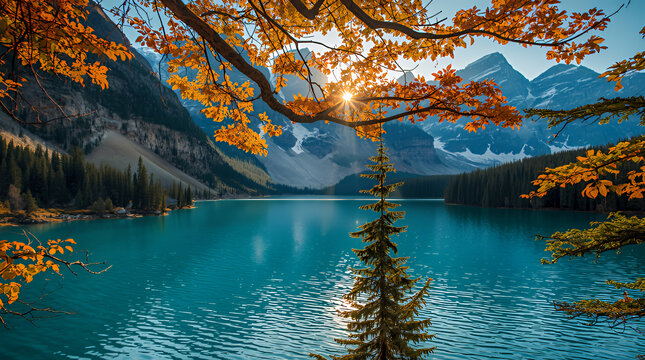 Turquoise alpine lake reflecting snow-capped mountain peaks and autumn foliage under golden hour sunlight
