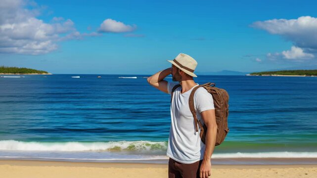 A man wearing a straw hat and a white shirt is standing on the beach with a backpack. He is looking out at the ocean