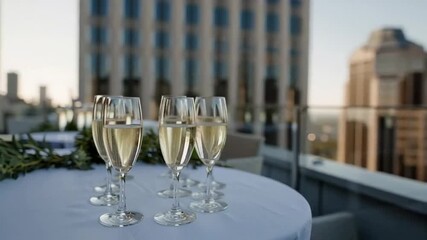 Elegant rooftop celebration, sparkling champagne glasses against city skyline, perfect for New Year's Eve or urban wedding vibes