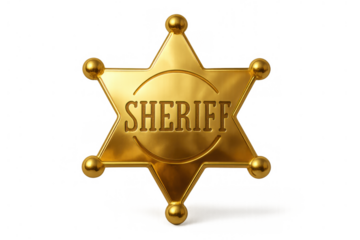 Sheriff badge star in golden metal representing law enforcement, authority, and western justice on transparent background