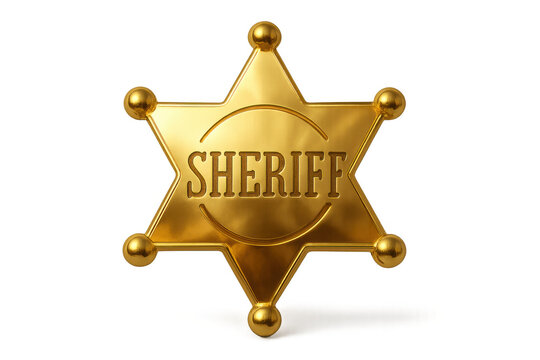 Sheriff badge star in golden metal representing law enforcement, authority, and western justice on transparent background