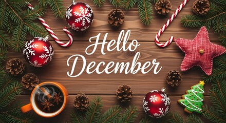 Hello december text with festive christmas decorations including ornaments, pine cones, candy canes, and a cup of coffee on a wooden background
