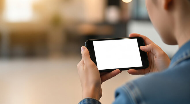 Two people looking at a horizontally held smartphone with a blank screen, perfect for watching videos, presentations, and shared content