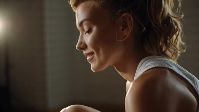 Young woman in workout gear, contemplating her fitness goals, embracing the journey of personal growth, fitness motivation during winter