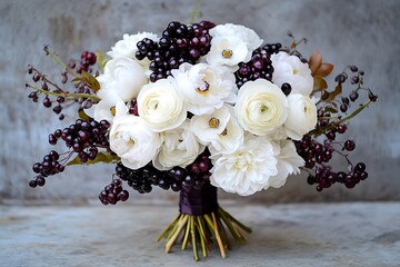 A classic bouquet using pristine white blooms accented with deep berry tones,