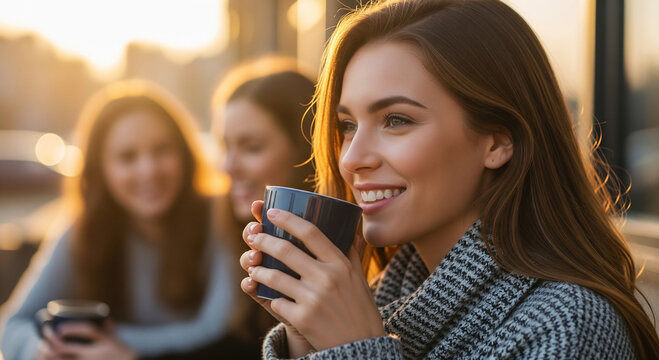 Portrait of a happy, beautiful woman enjoying a cup of coffee in a warmly lit cafe, a perfect concept for leisure, relaxation, and simple pleasures