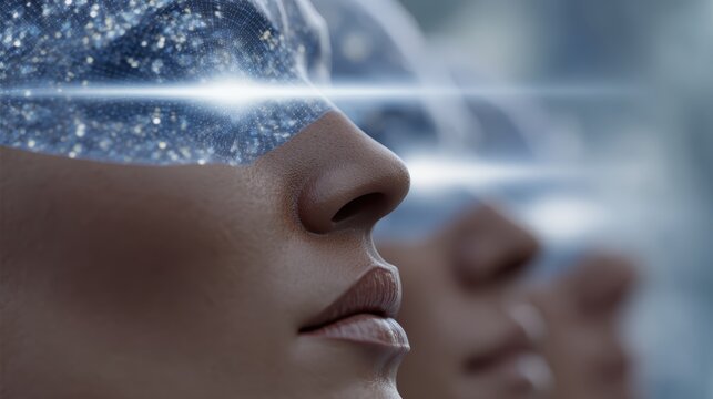 detailed sci-fi illustration depicts humans linked via telepathic amplification devices, thought-energy beams, futuristic research chamber with neural synchronization equipment, and ethereal lighting