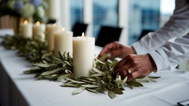Lit candles on a table with greenery, a hand gently arranges the leaves, serene ambiance suitable for weddings or festive gatherings