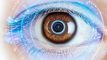 A close up of a woman's eye with a blue circle in the center. The eye is surrounded by a blurry, colorful pattern - Powered by Adobe