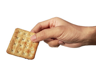 Holding a chocolate filled cracker in hand, isolated on PNG background.