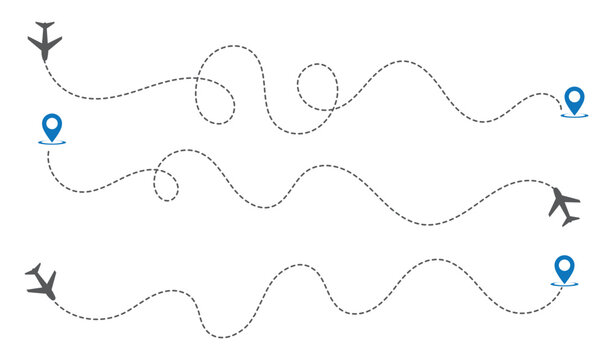 Airplane routes set. Plane route line. Planes dotted flight pathway. Aircraft tracking, planes, travel, map pins, location pins.