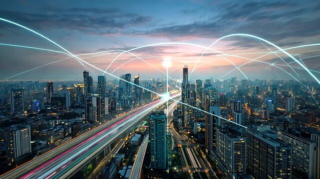 Futuristic city skyline at dusk with glowing data network lines overlaying buildings and roads