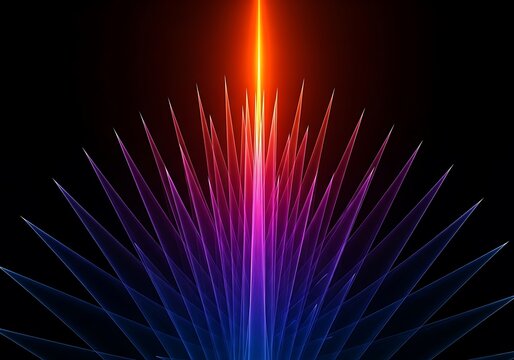 Abstract burst of vibrant neon light trails in a fan shape against a dark background