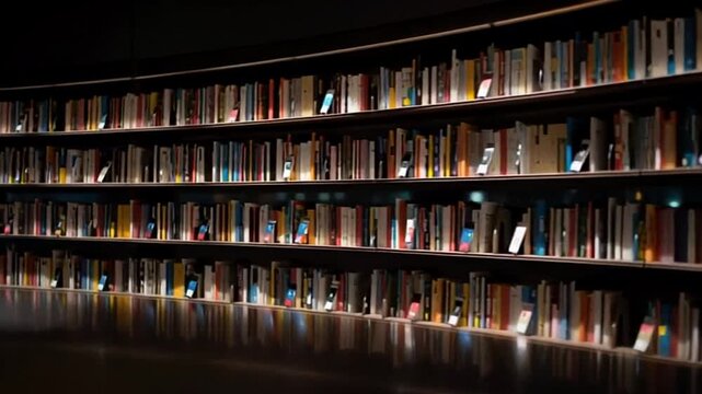 Dimly lit library interior, rows of books on curved shelves, cozy reading atmosphere, intellectual exploration, autumn evening study session