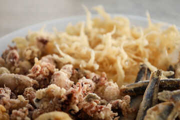 Andalusian fried food of chanquetes, marinated dogfish, anchovies and little squids