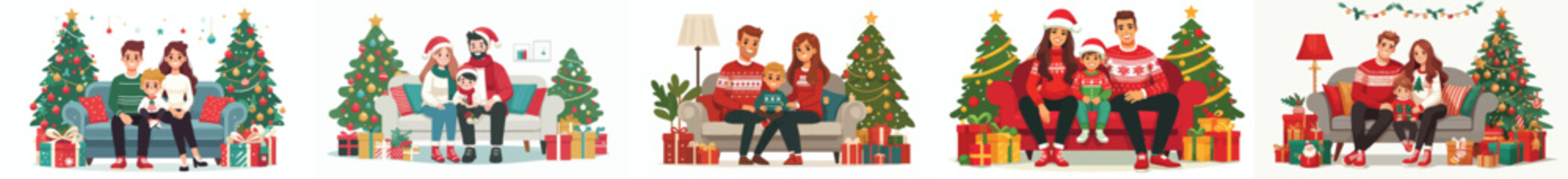 vector family sitting together on the sofa celebrating Christmas