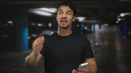 Young man with smartphone appearing surprised in an indoor parking lot, illustrating a moment of shock or surprise related to digital communication. - Powered by Adobe