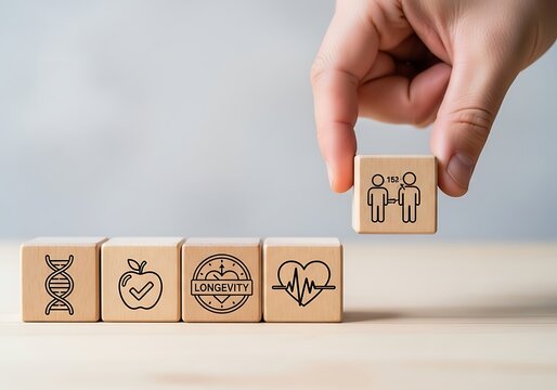 Hand placing wooden block with people icon to complete a sequence of health and wellness symbols - Powered by Adobe