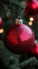 Sparkly red Christmas ornament hanging on a tree