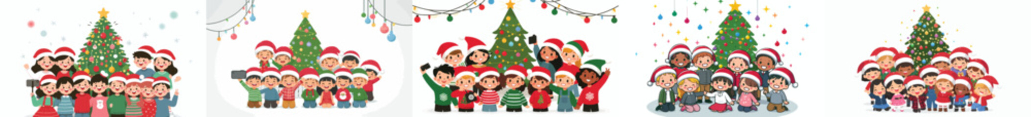 vector of children taking photos together at the Christmas tree