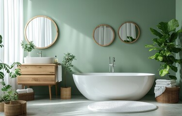 Minimalist Scandinavian bathroom design with natural wood elements and soft green tones, featuring a freestanding bathtub, dual sinks, and large windows for natural light