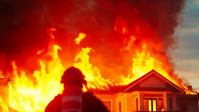 Firefighter silhouetted against burning house, intense flames engulf structure, emergency response scene evokes urgency and heroism