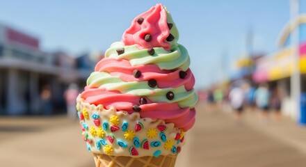 Naklejka premium Vibrant Swirled Ice Cream Cone on a Boardwalk with Summer Colors and Tempting Flavors