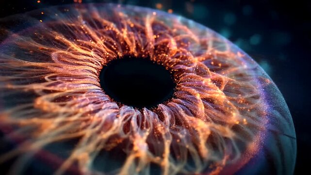 Vibrant abstract eye-like form with glowing particles and intricate digital patterns