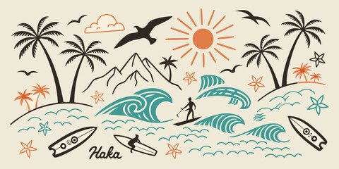 a vibrant, hand-drawn illustration depicting a lively beach scene with surfers illustration design.