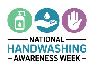 National Handwashing Awareness Week promotes hygiene with icons for sanitizer, washing, and clean hands.
