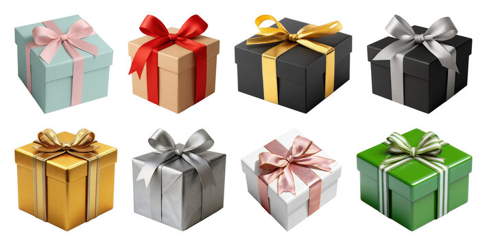 PNG Colorful gift boxes with ribbons, element set on transparent background
