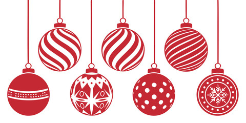 red white christmas ornament balls collection hanging baubles decorative patterns stripes polka dots snowflakes holiday illustration design