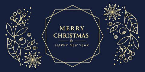 elegant navy blue gold christmas greeting card design luxury botanical frame holiday winter festive minimal modern illustration