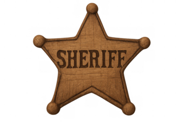 Wooden sheriff star badge with a rustic and old west design, symbolizing law, justice, and authority, on a transparent background
