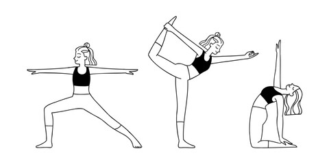 Line art drawing set of women with wavy hair practicing yoga, stretching in different poses. Vector illustration of female characters in asana. Warrior pose, Dancer pose, Camel pose. 