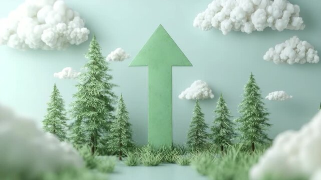 Upward Green Arrow in a Stylized Forest Landscape with Trees and Clouds, Representing Growth, Progress, and Environmental Sustainability